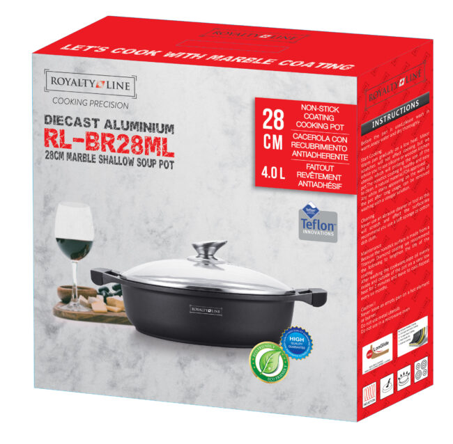 Royalty Linea RL-BR28M 28 cm, Marmo Rivestimenti Larga casseruola Bassa con Coperchio in Vetro - immagine 5