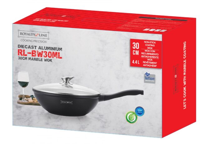 Royalty Line RL-BW30M Wok con rivestimento in marmo e coperchio in vetro, Nero, 30 cm - immagine 2