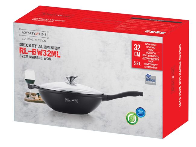 Royalty Line RL-BW32M Wok con rivestimento in marmo e coperchio in vetro, Nero, 32 cm - immagine 3