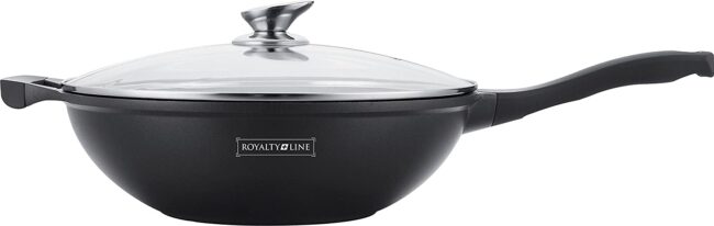 Royalty Line RL-BW32M Wok con rivestimento in marmo e coperchio in vetro, Nero, 32 cm - immagine 2