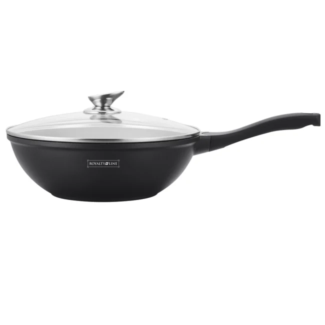 Royalty Line RL-BW32M Wok con rivestimento in marmo e coperchio in vetro, Nero, 32 cm