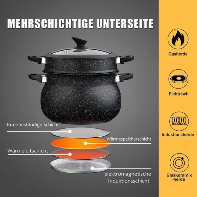 Royal Line® CP15L Induction Steamer - Padella per Couscous - 15 Litri - Ø30 cm - Cuoci Riso e Verdure a Vapore - Pentola per Zuppa a Induzione per Tutte le Fonti di Calore - Couscoussier - Pentola per Zuppa con Coperchio in Vetro - Nero - immagine 5