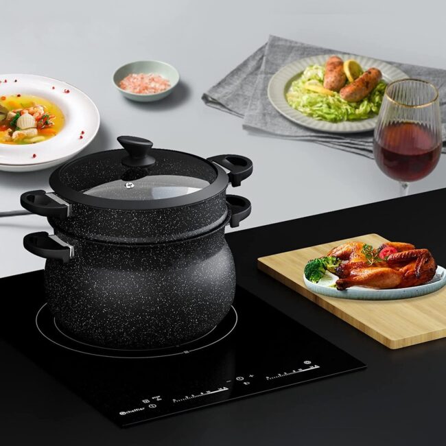 Royal Line® CP11L Induction Steamer - Padella per Couscous - 11 Litri - Ø26 cm - Cuoci Riso e Verdure a Vapore - Pentola per Zuppa a Induzione per Tutte le Fonti di Calore - Couscoussier - Pentola per Zuppa con Coperchio in Vetro - Nero - immagine 6