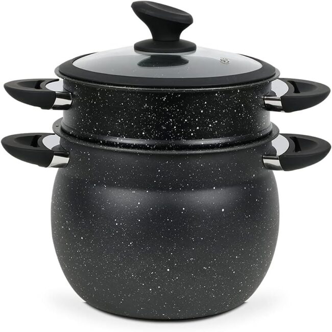 Royal Line® CP11L Induction Steamer - Padella per Couscous - 11 Litri - Ø26 cm - Cuoci Riso e Verdure a Vapore - Pentola per Zuppa a Induzione per Tutte le Fonti di Calore - Couscoussier - Pentola per Zuppa con Coperchio in Vetro - Nero