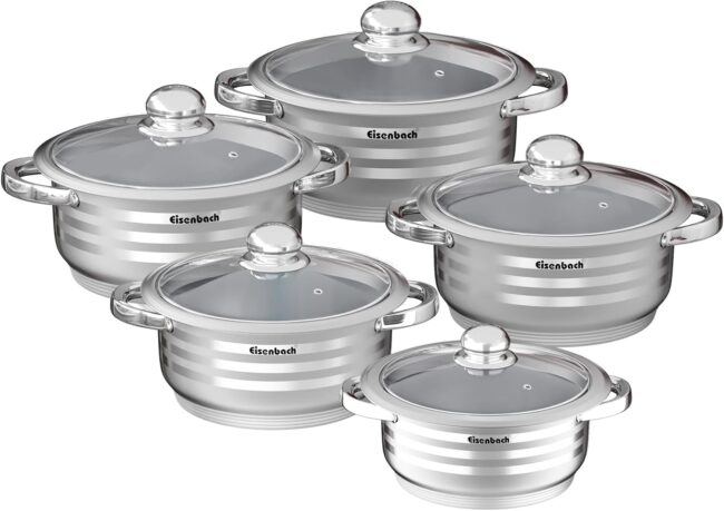 Eisenbach EB-SP10G - Set di pentole in acciaio inox di alta qualità, 10 pezzi, per tutti i piani cottura, design elegante e cottura uniforme