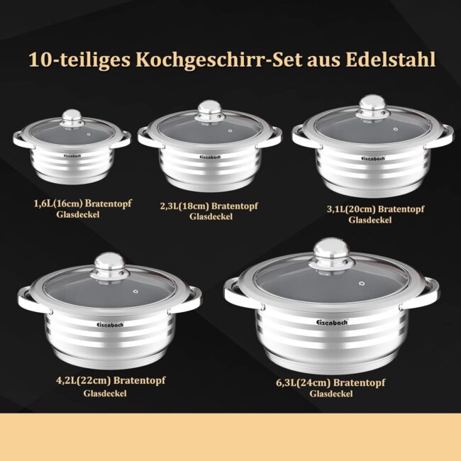 Eisenbach EB-SP10G - Set di pentole in acciaio inox di alta qualità, 10 pezzi, per tutti i piani cottura, design elegante e cottura uniforme - immagine 6