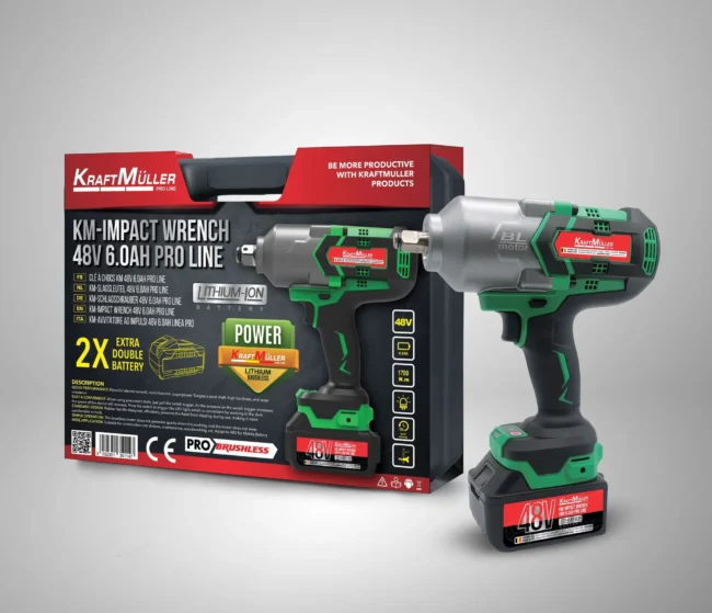 KraftMüller KM-Impact Wrench 48V 6.0Ah Pro Line - Avvitatore a Impulsi Brushless con Doppia Batteria